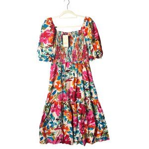 Fashion Dress Women L Floral Multicolor‎ Midi Smocked Puff Sleeve Tiered NEW